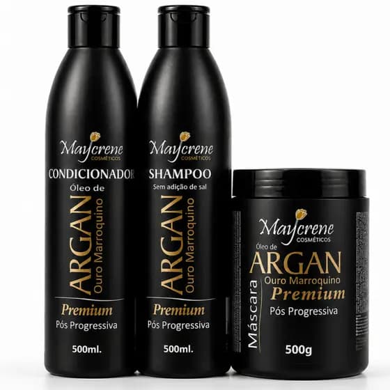 Kit Argan Pós Progressiva Shampoo Condicionador Máscara de Hidratação Brilho Sem Frizz Maycrene