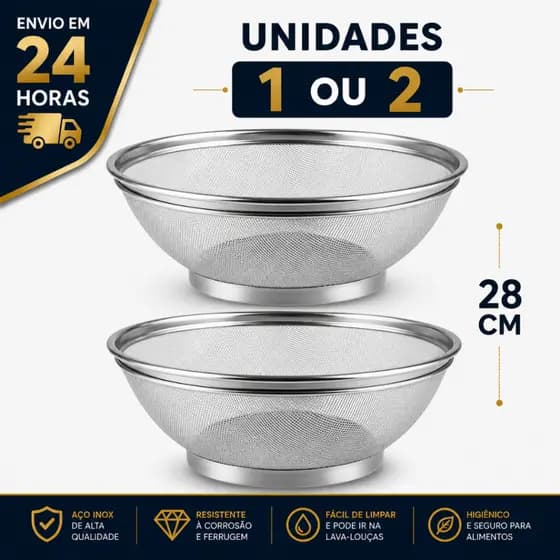 Kit Cesto Cesta De Inox Escorredor 28CM Para Lavar Alimentos Arroz Legumes Frutas Massas Resistente Multiuso