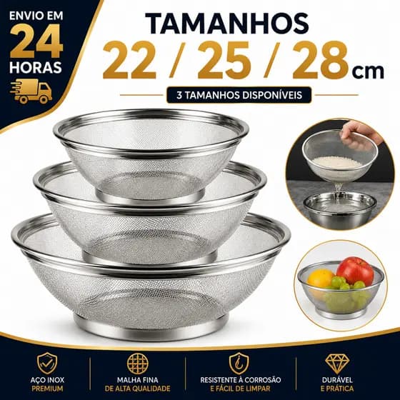 Cesto De Inox Escorredor 22 25 E 28CM Para Lavar Alimentos Arroz Legumes Frutas Massas Resistente Multiuso