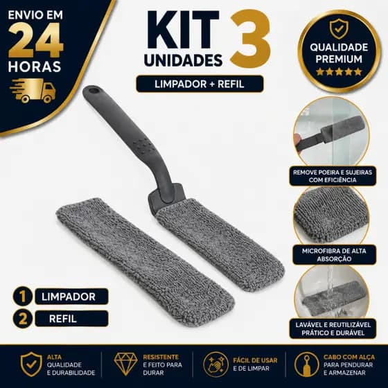 Kit Limpador De Cantos Box Vidros + Refil 100% Microfibra Lavável Ideal Para Cantos Vãos ÁKORA