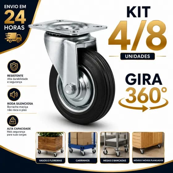 Kit 4 ou 8 Rodinhas Rodízio Giratório Para Móveis Cadeiras Multiuso Rack Vasos 32mm