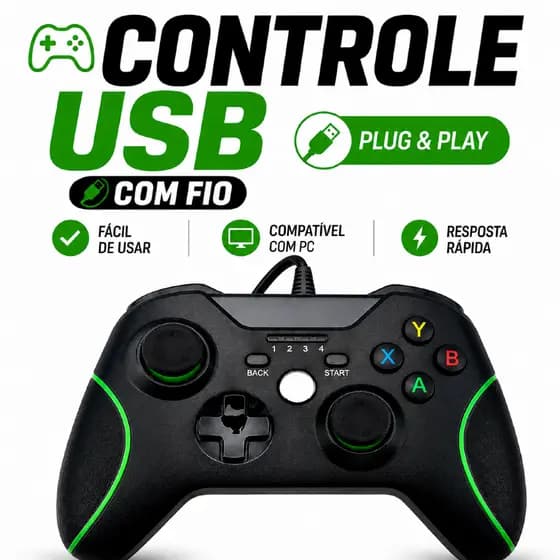 Controle Xbox One Com Fio USB PC Gamer Dupla Vibração Alta Precisão Compatível Xbox One e PC