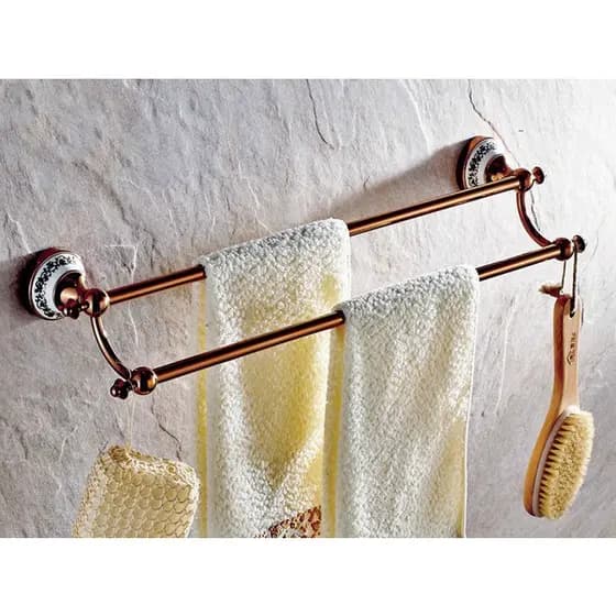 Rosa Ouro Cobre Banheiro Toalheiro Fixado Na Parede Pólos Duplos Barra De Toalha De Bronze nba382
