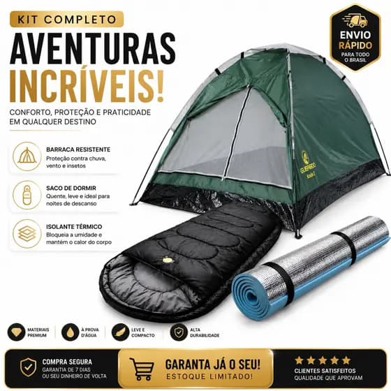 Kit Completo para Acampamento Barraca 2 Pessoas + Saco de Dormir + Isolante Térmico Camping Trilha Trekking Aventura