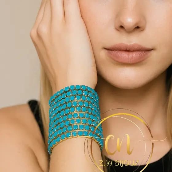 Brilho Elisa - Conjunto 10/20 Pulseira Elástica Corrente Strass e Bracelete Ajustável Douraodu