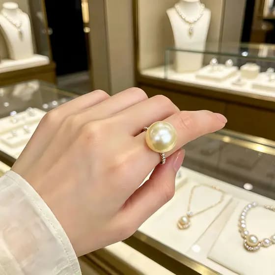 BRILHO - Anel de Pérola Luxuoso com Meia Coroa de Pedras - O Melhor Presente para o Dia das Mães181002