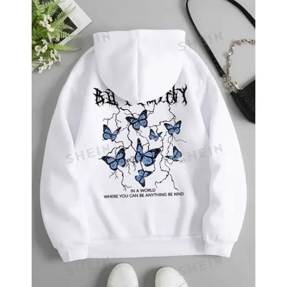 Moletom Canguru Algodão Ilustração de Borboleta & Slogan Bolso Casaco Unissex Capuz Blusa de Frio Envio Rapido