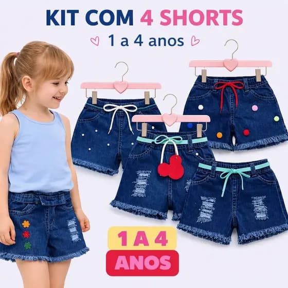 Kit 4 Short Jeans Infantil Feminino Moda Verão com Cordão e Detalhes Diferenciados