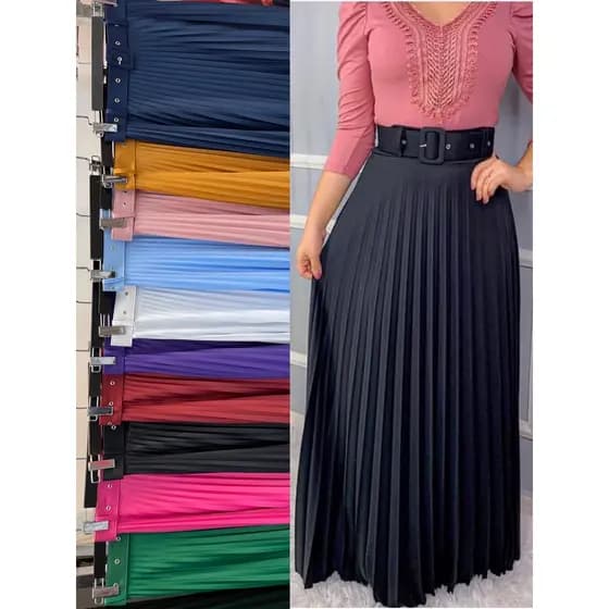 saia LONGA plissada com cinto fivela moda feminina cod 022