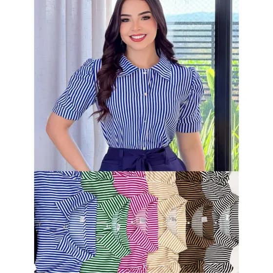 BLUSA SOCIAL LISTRADA GOLA COLARINHO MODA FEMININA