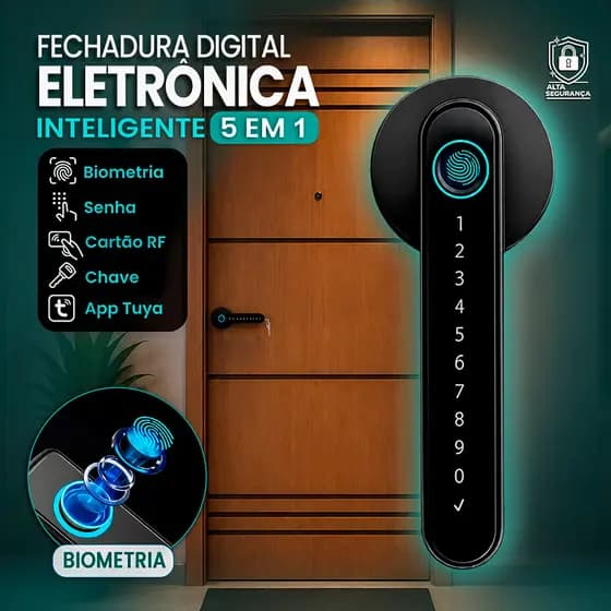 Fechadura Digital Biometria Senha Cartão Rf Chave E App Tuya Controle pelo Celular Inteligente