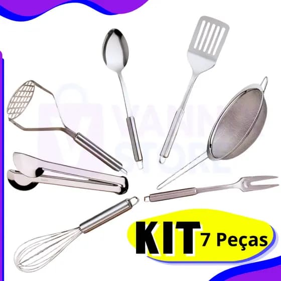 Peneira, Colher , Amassador, Espátula Vazada, Foê,Pegador Garfo de Churrasco - Cozinha 7 Utensílios