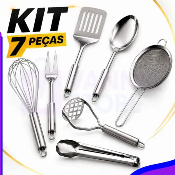 Kit Cozinha 7 Utensílios Peneira G, Colher, Amassador Batata, Espátula Vazada, Foê, Pegador, Garfo G