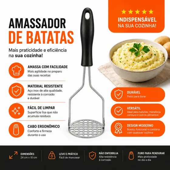 Amassador De Batata Aço Espremedor Legumes Tomate Feijão Utensílio de Cozinha Profissional