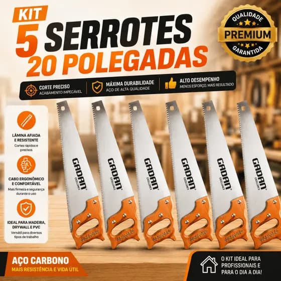 Kit 5 Serrotes Madeira Lâmina Aço Profissional Construção Marcenaria Obra Durável Resistente Atacado