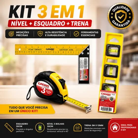 Esquadro Nível 30 cm Trena 3 Metros Carpinteiro Pedreiro Marceneiro Metálico Aço Profissional