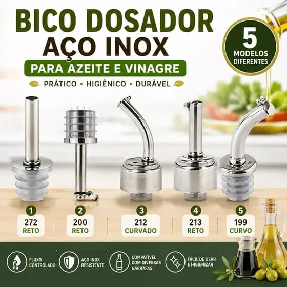 kit 12 Bico Dosador Inox para Azeite e Vinagre Curvo e Reto Para Garrafa 5 Modelos