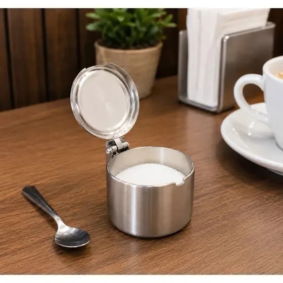 kit 6 Açucareiro de Mesa em Aço Inox com Tampa Basculante 330g para Restaurante