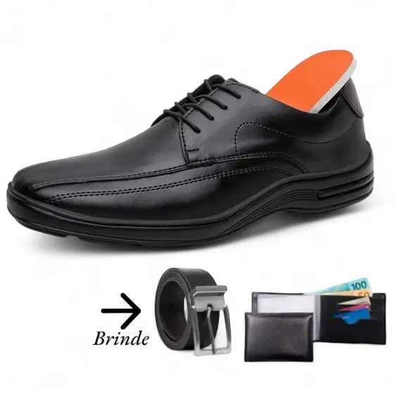 Sapato Masculino Social Linha Comfort Palmilha em EVA em Couro Brinde Cinto e Carteira