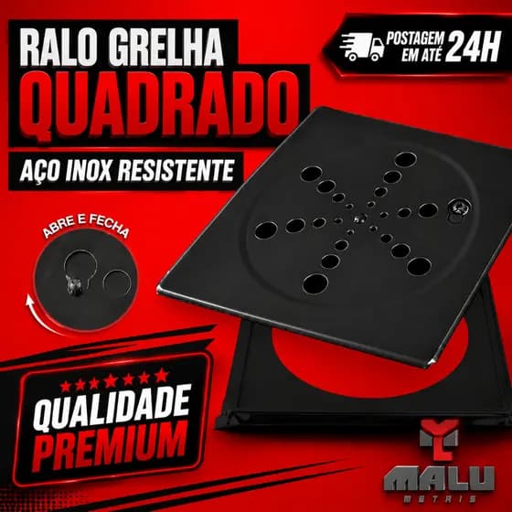 Grelha Ralo Quadrado 15x15 cm Aço Inox Preto Fosco – Abre e Fecha Design Moderno e Resistente