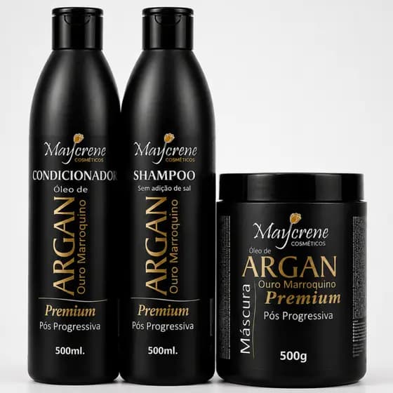 Kit Argan Pós Progressiva Shampoo Condicionador Máscara Hidratação Brilho Sem Frizz Maycrene