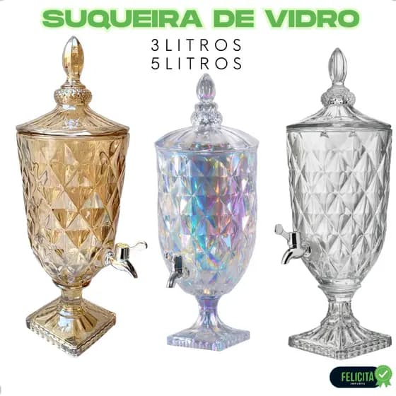 Suqueira De Vidro 5 Litros Diamond Transparente e Ambar Luxo Dispenser Cristal Torneira Agua Suco