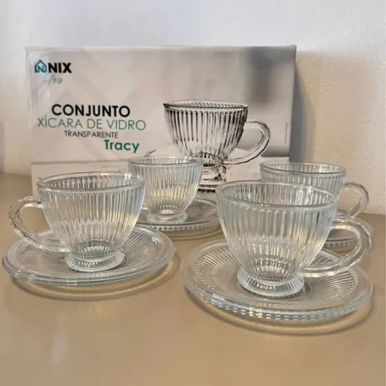 4 Xícaras e 4 Pires de Vidro 180ml Caneladas Resistentes Textura Canelado Café
