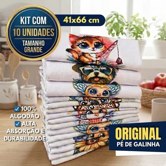 Pano de Prato Pé de Galinha (Kit com 5, 10, 15 e 20 Peças) Pano Grosso, Estampado Alta Absorção e Qualidade