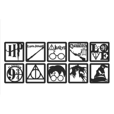 Kit 10 Mini Quadros Decorativo Vazado Harry Potter 3mm MDF Preto Fosco.