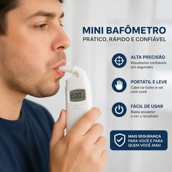 Bafômetro Digital Portátil Teste de Álcool no Ar Precisão LCD Reutilizável Compacto com 3 Bicos Reserva