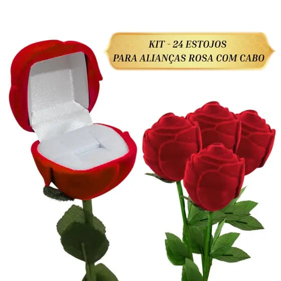 Kit 24 caixinha estojo veludo aliança anel modelo flor rosa com cabo vermelha atacado varejo