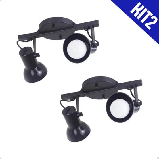 Kit 2 Spot Trilho Duplo 2 Sobrepor Direcionavel E-27 Preto 110v/220v