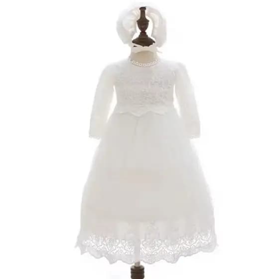 vestido longo mandrião batizado manga longa bebe infantil touca renda camponesa