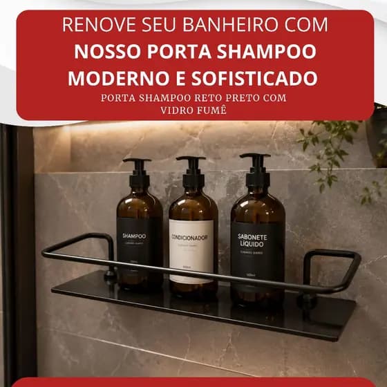 Porta Shampoo Reto Preto Com Vidro Fumê