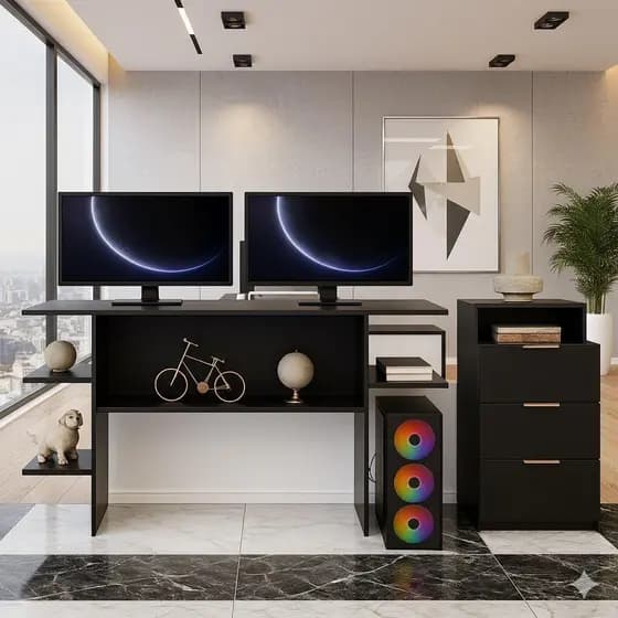 Conjunto Mesa Gamer e Cômoda Com Nicho Quarto/Sala