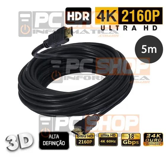 Cabo HDMI 4K Ultra HD 2.0 5 Metros 2160p HDR 3D 19pin High Speed