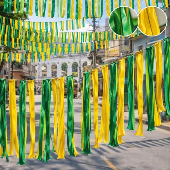Kit 10m/50m/100m Varal Fitinhas Metalizada Copa Brasil Verde Amarelo