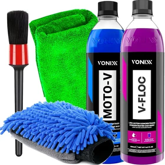 Kit para Moto Lavagem Estética Automotiva Shampoo Neutro V-Floc Shampoo Limpeza Pesada Moto-V Luva Pincel Aplicador