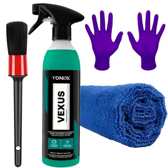 Limpa Motor Carro Moto Vexus Vonixx 500ml + Pincel Toalha e Luva Nitrílica
