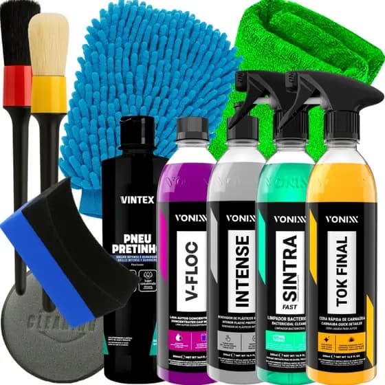 Kit Completo Vonixx Lavagem Automotiva Shampoo V-Floc Limpador Sintra Pneu Pretinho Revitalizador Intense Cera Tok Final