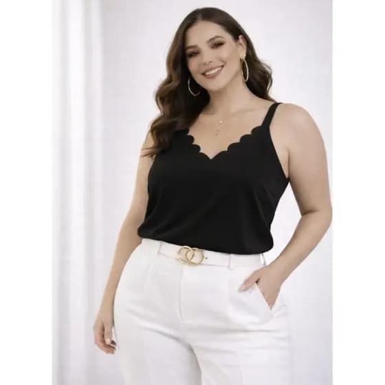 Regata Feminina Social Plus Size Alcinha Decote Nuvem Crepinho Elegante