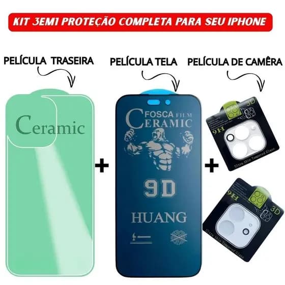 Kit 3em1 Película Traseira + Película Câmera + Película Cerâmica Fosca Privacidade iPhone 11 12 13 14 15 16 Pro Max - CS