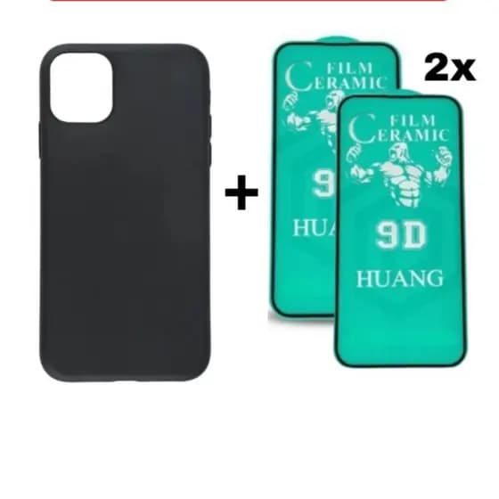 Kit 3em1 Capa Preta + 2x Película Cerâmica iPhone 11 12 13 14 15 16 Pro Max - CS