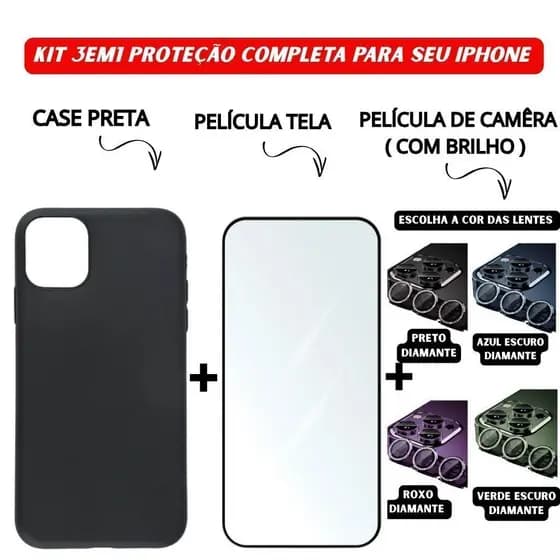 Kit 3em1 Capa Preta + Película Vidro 3D + Película Câmera Diamante iPhone 11 12 13 14 15 16 Pro Max - CS