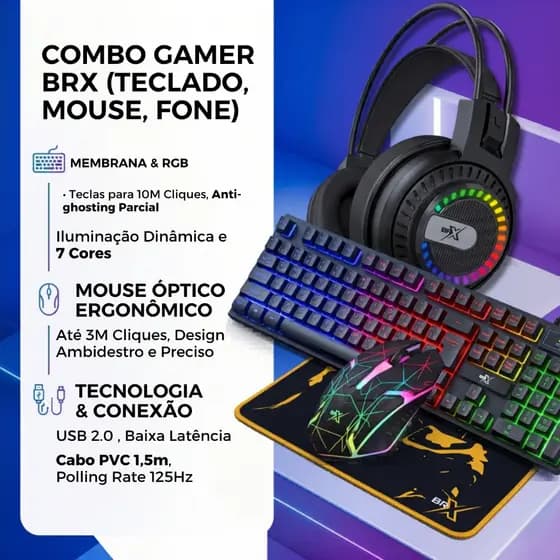 Combo Gamer Brx Com Mouse Teclado E Fone Gamer Mouse Preto Teclado Preto
