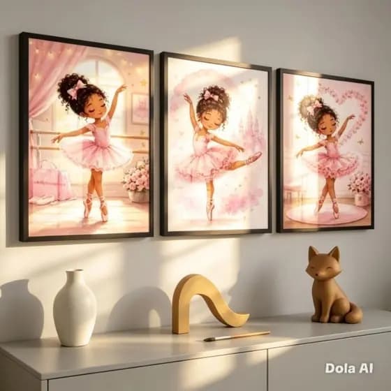 Kit 3 Quadros Infantil Bailarina Rosa Princesa 33x44cm(cada peça) Decoração Quarto de Bebê Menina moldura e vidro