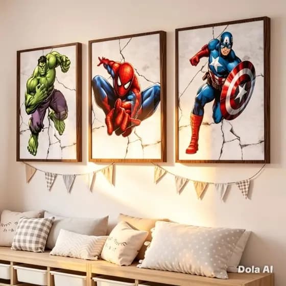 Kit 3 Quadros Decorativos Infantil Super-Heróis com Moldura de Vidro para Quarto de Criança