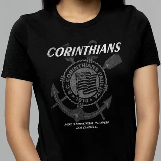 Camisa Camiseta Baby Look Feminina blusa 100% Algodão Preta do Time do Corinthians
