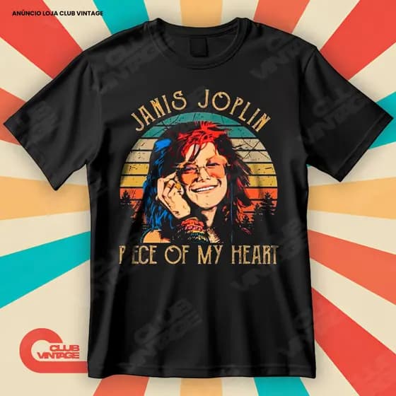Camiseta Janis Joplin Piece Of My Heart Rainha Rock and Roll Blusa Camisa 100% Algodão