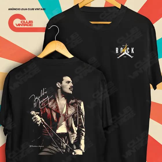 Camiseta Frente e Verso Freddie Mercury Vocalista Queen Camisa de Rock and Roll 100% Algodão